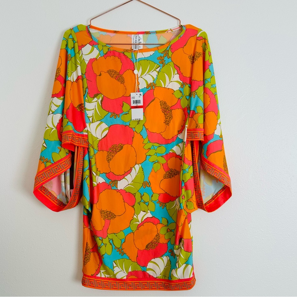 New Trina Turk Playa de Flor Swim Drape Sleeve Boatneck Tunic Floral Mini Dress - Picture 4 of 6